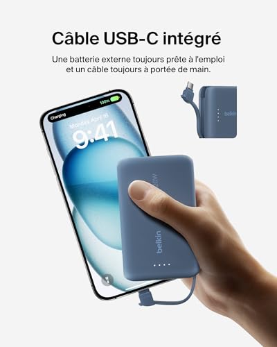 Belkin BoostCharge Batterie Externe 10 000 mAh Portable avec câble intégré (PD 20 W, Recharge Rapide USB-C Power Delivery, pour Tous Les modèles de l'iPhone 16/15, iPad Pro, Galaxy S24, etc.)