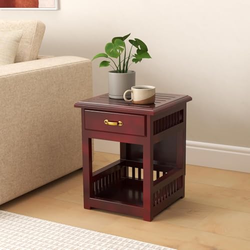 Image of Furniture Wooden Bedside Table for Bedroom | Wooden Nightstand Lamp Table with 1 Drawer (Dark Brown)