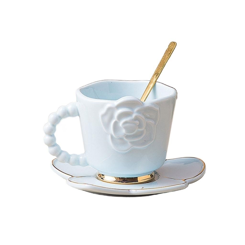 Zestaw filiżanek do herbaty i spodków, kubek jednolity kolor ceramiczny kubek do kawy i spodek zestaw kreatywny kubek ulga francuski styl popołudniowa filiżanka do herbaty kubek na wodę (B)