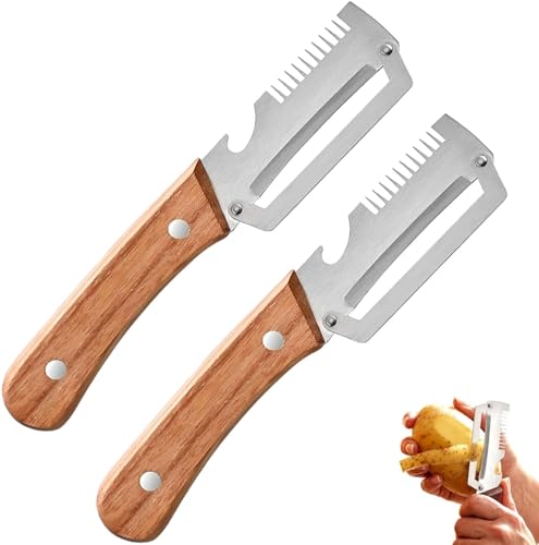 Image of 2 Pack Multi-Functional Vegetable Peeler, 3 in 1 Multi Functional Wooden Handle Peeler and Bottle Opener, Kitchen Gadgets Tool for Fruit Pumpkin Peeling Potato Carrot Veggie Peeler