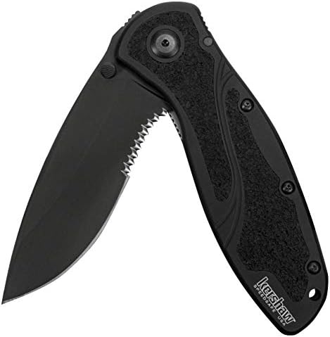 Kershaw Blur, Black Serrated (1670BLKST); Folding Knife with All-Black Body, Partially Serrated 3.4” 14C28N Steel Blade, Anodized Aluminum Handle with Trac-Tec Grip, SpeedSafe Opening, Reversible Pocketclip; 3.9 OZ