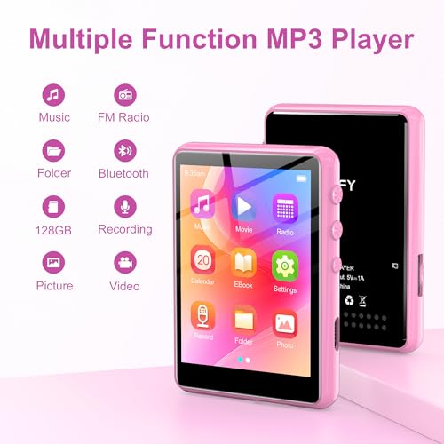 Image of SWOFY 128GB MP3 Player with Bluetooth 5.4, 2.4 inch Portable HiFi Music Player with FM Radio,HD Speaker,E-Book, Support up 512GB Earphones Included for Travel, Gym, Hiking, Sports Running- Pink