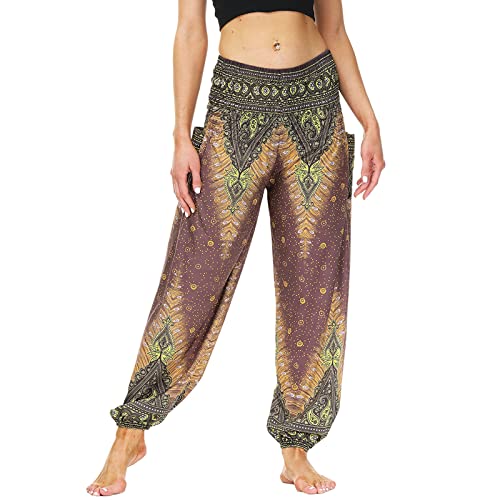 Nuofengkudu Mujer Harem Hippie Pantalones Sueltos con Bolsillos Boho Flores Estampados Pantalón Thai Baggy Yoga Pants Baile Bombachos Verano Playa Fiesta Casual Pantalons B-Pavo Real Marrón Cover