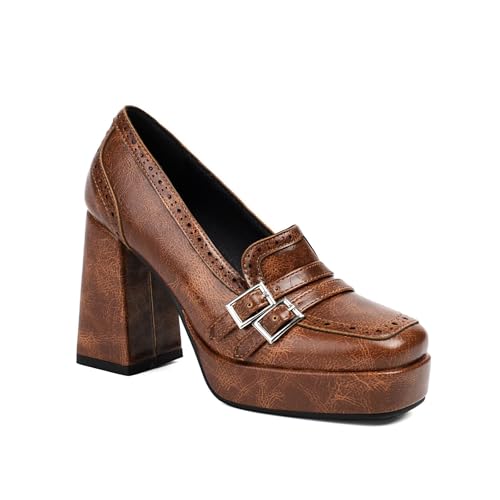 Image of Women's Leather Buckle Chunky High Heel Loafers Pumps Fashion Closed Round Toe Slip On Platform Block Heel Pumps Comfort Office Work Dressy Shoe
