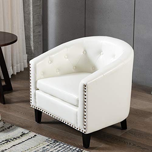 Erye Modern Living Armchair Accentchair Button Tufted Rivet Decor Tub Barrel Style Single Upholstered Sofachair For Bedroom Meeting Room Home Office Apartment Chairs, White Pu #TOP5