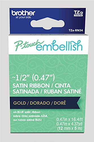 Image of Brother P-Touch Embellish Gold Print on Navy Satin Ribbon TZERN34 - ~ inch Wide x 13.1' Long for use with P-Touch Embellish Ribbon & Tape Printer