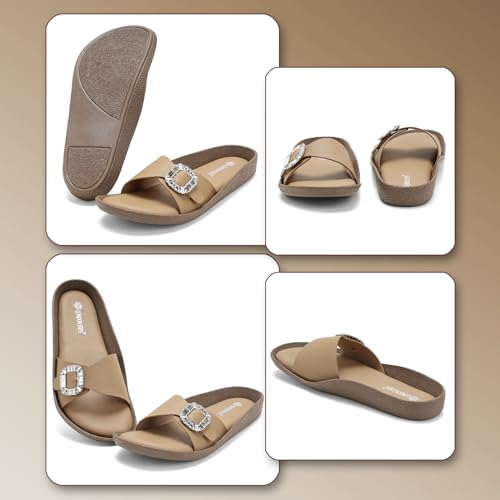 Image of Women Fashion Cross Strap Sliders with Crystal Buckle | Stylish Casual Slip-On Sandals for Women | Lightweight Comfort Slides Everyday Wear