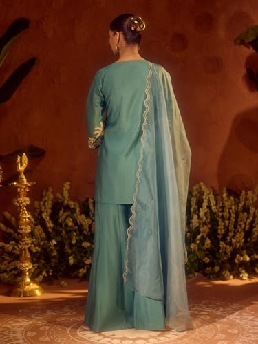 Image of FIORRA Women's Sea Green Viscose Chanderi Embroidered Ethnic Straight Kurta Set with Dupatta