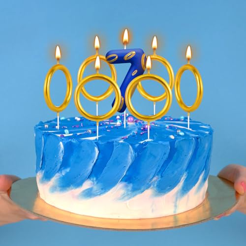 Blue and Gold Ring Number 7 Birthday Candles Set - Cartoon Themed Cake Topper, 7 Pcs Blue and Gold Birthday Party Decorations for Kids 5th Birthday Party Supplies