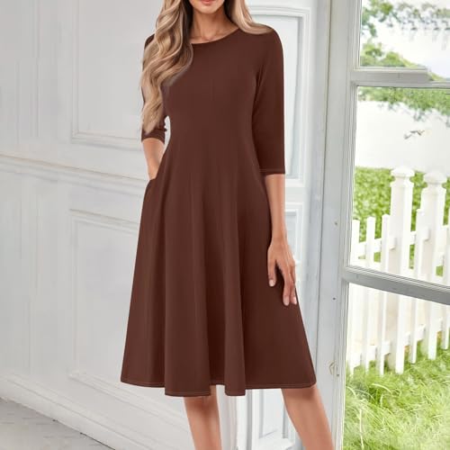 3/4 Sleeve Fit and Flare Dresses for Women Solid Color A Line Flowy Dress O Neck Casual Midi Dress with Pockets2
