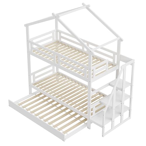 Azkoeesy Litera 90 x 200 cm con Cama Nido y Escalera, litera para 3 niños, Cama Infantil en Forma de casa, con Estante y Barrera anticaídas, Color Blanco