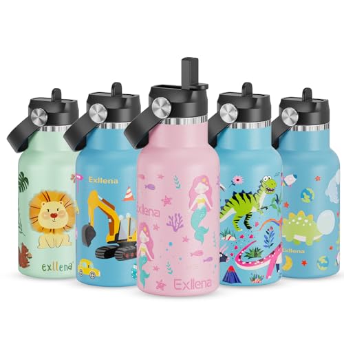 Exllena Edelstahl Trinkflasche für Kinder, 350ML auslaufsichere Thermosflasche mit Strohhalm und Griff, BPA-freie Isolierflasche für Kindergarten und Schule (Meerjungfrau)