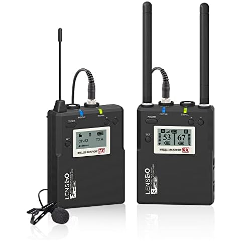 Wireless Lavalier Microphone System, LENSGO LWM-338C 99-Channel UHF Full Metal Professional Omnidirectional Wireless Lapel Mic with 1 Transmitter & 1 Receiver for Canon Nikon DSLR Camera Smartphone Cover