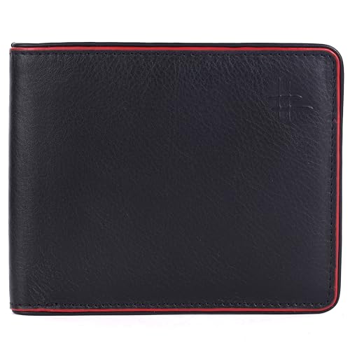 Black Top Grain | Bifold Leather Wallet | with Red Border for Men | Extra Capacity Bifold Wallet with 12 credit card Slots, 2 Multipurpose pocket, | Ultra Strong Stitching