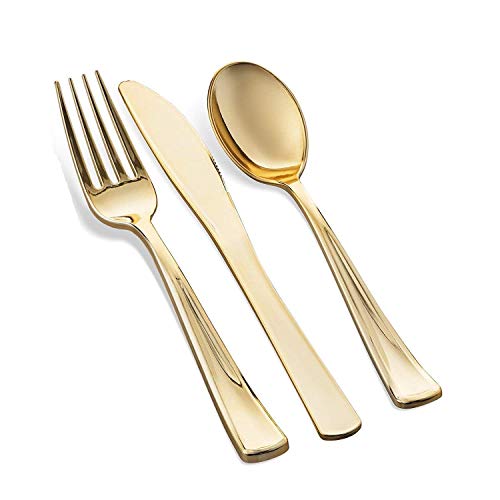 Munfix 700 Piece Gold Dinnerware Set - 200 Gold Rim Plastic Plates - 300 Gold Plastic Silverware - 100 Gold Plastic Cups - 100 Linen Like Gold Paper Napkins, 100 Guest Disposable Gold Dinnerware Set #TOP2