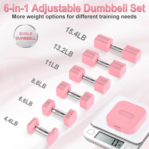 Image of Hezeyferg 30.8LB Adjustable Dumbbell Set, Hand Weights Set for Home Gym | Each Adjustable Weight Dumbbell with 6 Levels 4.4 /6.6 /8.8 /11 /13.2 /15.4lb, for Women /Men Full Body Workout