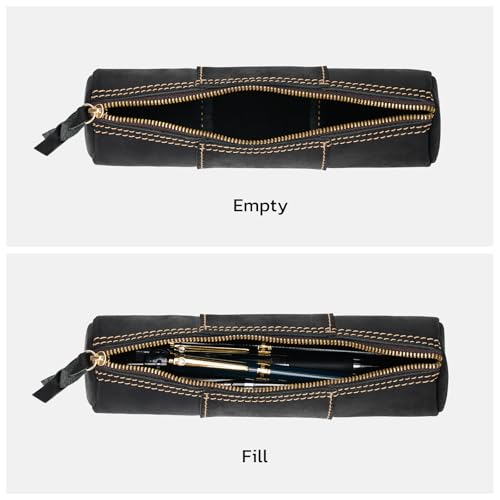 Image of ECHSRT Genuine Leather Pencil Pouch, Slim Cylinder Vintage Pen Bag, Black | Full-Grain Cowhide Leather, Crazy Horse Finish, Slim Cylinder, Single Zipper, Vintage Pen Organizer for Adults