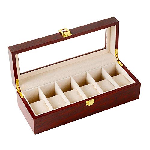 SAeWare Fashion Watch Storage Case Watch Storage Box Wooden Jewelry Slots 6 Show a Lock of a Storage Box Watch Glass Gaibu Lang for Storage and Display Watch Portable/Brown / 31x1,