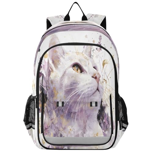 Kids Backpacks School Daypack College Bag Bookbag for Boys Girls Purple Flowers White Cat