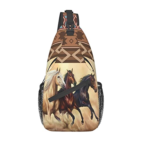 Horse Pattern Sling Bag Crossbody Backpack,Aztec Boho Ethnic Style Western Horse Chest Bag Three Horses Run In Desert Sandstorm Adjustable Shoulder Backpack Travel Hiking Casual Daypack