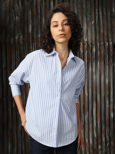 Image of High Star Women Cotton Striped Oversized Fit Collar Full Sleeves Shirts