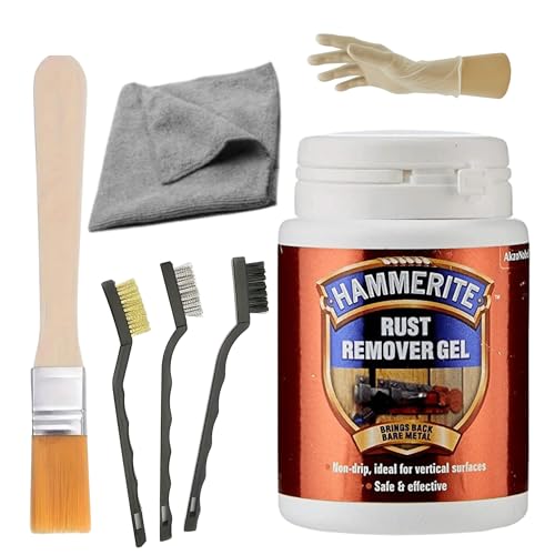 Ultimate Rust Removal and Treatment Kit - Hammerite Rust Remover Gel 100ml Bundled With - 3 Wire Brushes Paintbrush Disposable Gloves Microfiber Cloth - Perfect for Cars Bikes and More