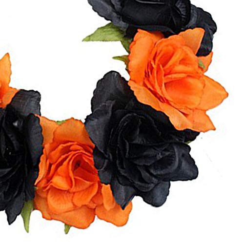 Halloween Rose Skull Headband Flower Crown Hair Bands Wreath Garland Floral Headpiece Women Leaf Hairband Hair Hoops Party Decoration Cosplay Costume Festival Handmade Hair Accessories Black Orange #TOP4