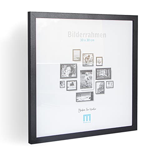 Zeitlos, moderner Bilderrahmen aus MDF, schwarz für 30x30 cm kleine Fotos und Bilder. Inkl. Acrylglasschutz. Er eignet sich als Tisch-Aufsteller und für die Wand, im Hochformat oder Querformat.