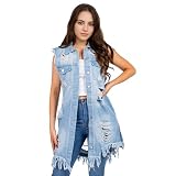 Songling Women's Distressed Ripped Sleeveless Mid Long Denim Jacket Jean Vest Cardigan Coats(Blue,XS)