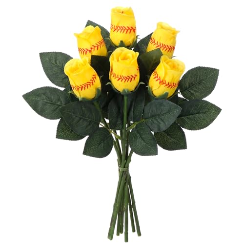 Hotop 6 Pcs Softball Roses with Leaves Artificial Yellow Rose Bouquet for Softball Team Senior Fans Coach Gift Sports Theme Graduation Wedding Party Decoration