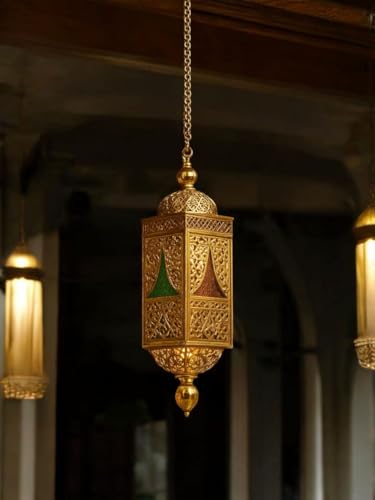 Image of Vintage Moroccan Hanging Pendant Light, Brass & Glass Lattice Design, Multicolour LED