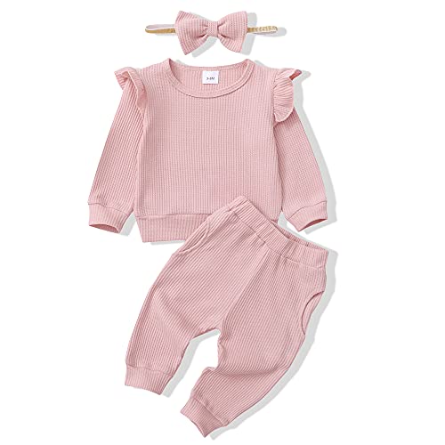 Image of Renotemy Infant Baby Girl Outfit Fall Winter Baby Clothes for Girls Ruffle Tops Pants with Headband Cute Baby Girl Outfits 6-12 months Pink