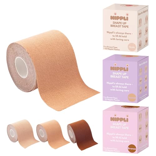 Nippli Shape Up Breast Tape Tanné – Tape Poitrine 7,5 cm x 5 m, INCL. 10 Coussinets – Maintien Parfait sans Soutien Gorge Invisible – Bande Poitrine...