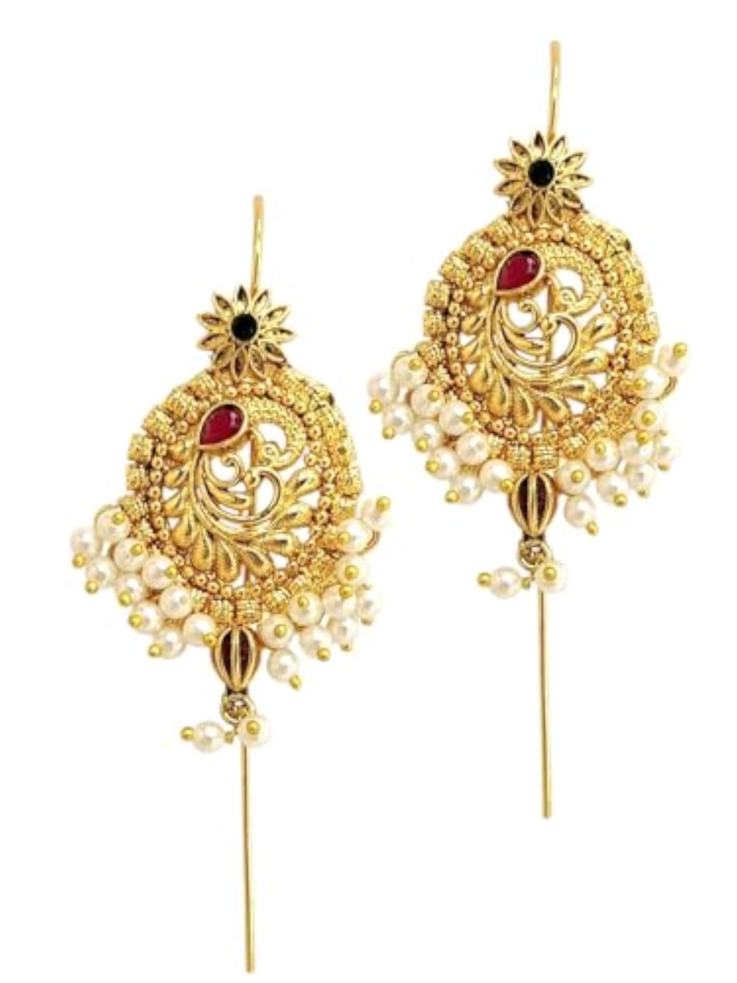 Gold Plated Traditional Peacock Needle Ear Cuff Earrings