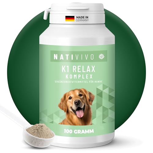 NATIVIVO K1 Relax Komplex Pulver Beruhigungsmittel für Hunde - Baldrian Hanföl & L Tryptophan Hund Beruhigung - Hunde Beruhigungsmittel unterstützend bei Angst & Stress - Beruhigung Hund - 100 Gramm