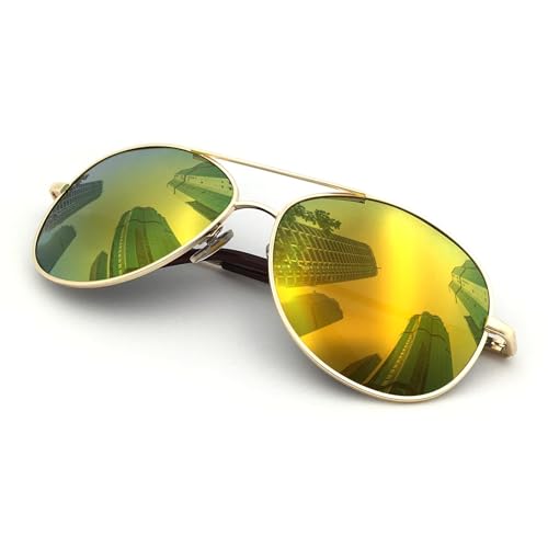 J+S Premium Military Style Classic Aviator Sunglasses, Polarized, 100% UV protection for Men Women (Large Frame - Gold Frame/Orange Mirror Lens)