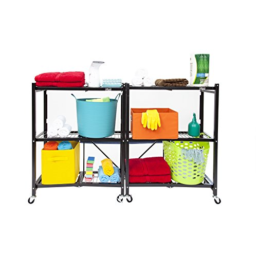 Origami 2 Pack 3 Tier Folding Shelves, Storage Shelving Rack Unit with Wheels, Pewter