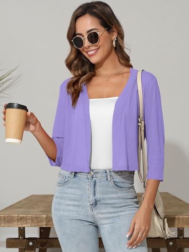 Image of Women's 3 /4 Sleeve Thin Shrugs Lightweight Open Front Cropped Sheer Cardigans for Summer