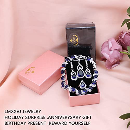 Lmxxvj Women Jewelry Set Platinum Plated Necklace Open Ring Earrings Bracelet Set,Birthday/Anniversary Mother’s Day Jewelry Gifts For Mom/Wife/Sister/Best Friend (Blue, Adjustable) #TOP4