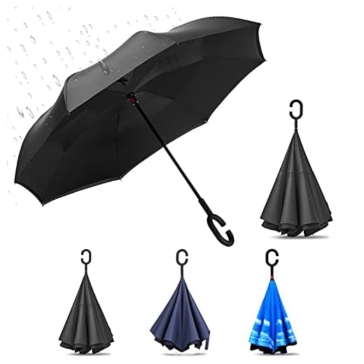ZIHUA Inverted Reverse Umbrella with C-Shaped Handle 47 Inch Large Non-Rust Handle Anti-UV Waterproof Windproof Rain Upside Down Umbrella for Women and Men
