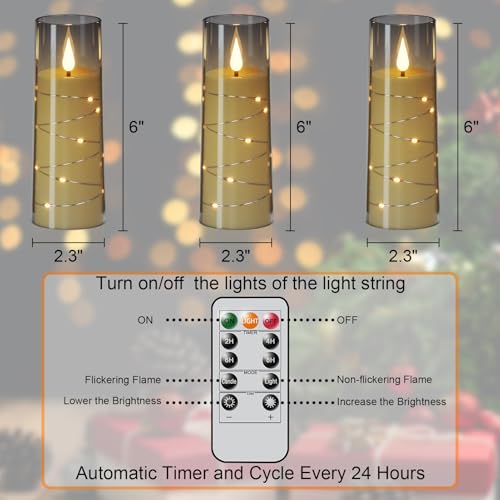 Image of Flameless Candles with Remote Timer, Embedded String Lights, Battery Operated LED Pillar Candles, Unbreakable Plexiglass, Set of 3, Black, 2.3 inch x 6 inch