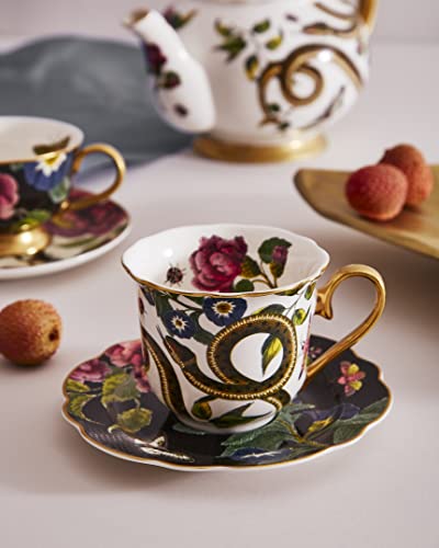 Spode Creatures Of Curiosity Collection Teacup And Saucer Set, Fluted Black Floral Saucer And Snake Mug, Gold Trim, British Tea Cup Set, 8.45 Ounce, Made Of Fine China, Hand Wash #TOP4