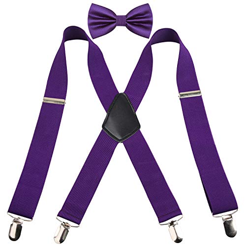 Suspender & Bow Tie for Men X Shape Elastic Adjustable Braces, Dark Purple