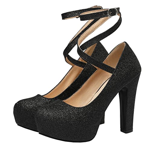 BEAUPAS Women's Glitter Mary Jane Shoes Chunky Ankle Strap High Heels Platform Block Heels Pumps Sequin Round Toe Pump3