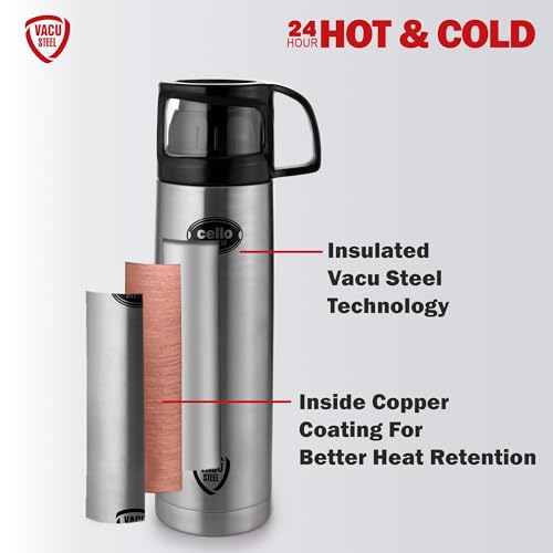 Image of CELLO Instyle Insulated Stainless Steel Flask Water Bottle with Jacket For Daily Use 750 ml Silver | ISI Certified Double Wall Vacuum Insulated 24 Hrs Hot & Cold Thermos Water Bottle For Office Travel