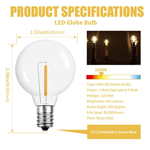 Ecovania G40 Led String Light Bulbs,1.57 Inch Plastic Led Globe Patio Bulbs For Outdoor String Lights, E12 Candelabra Socket Base,1 Watt Equvalent To 5Watt Incandescent Bulbs,Warm White, 50Pack #TOP1