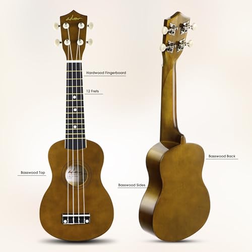Image of ADM Ukulele for Beginners Hawaiian Wood Ukelele Kit for Kids Adult Student Starter Professional Ukalelee Pack Bundle with Free Lessons Gig Bag Strap Nylon String Tuner (Mocha, 21 Inch)