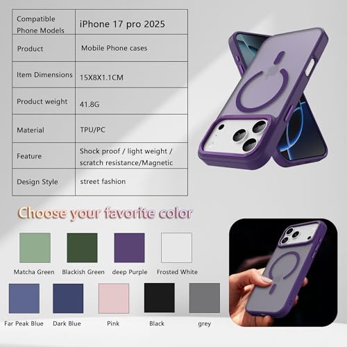 Image of Magnetic for iPhone 17 Pro Phone Case, [Compatible with MagSafe], Screen Protectors X1, [Military Grade Drop Protection],Matte Finish,Slim,Shockproof,Protective (Purple, iPhone 17 PRO)