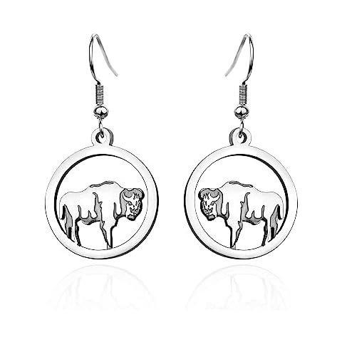 Lauren-Spencer Animal Dangle Earrings for Women Silver Gold Plated Wildlife Bear Moose Elk Buffalo Earrings Circle Hoop Cute Animal Earrings for Women Animal Jewelry Gift (Silver-Bison) Cover
