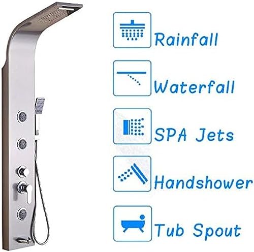 Columna de Ducha para Baño en Acero Inoxidable con Panel de Lluvia, Cascada y Chorros de Hidromasaje, Control Dual, Acabado Cepillado en Níquel miniatura 2